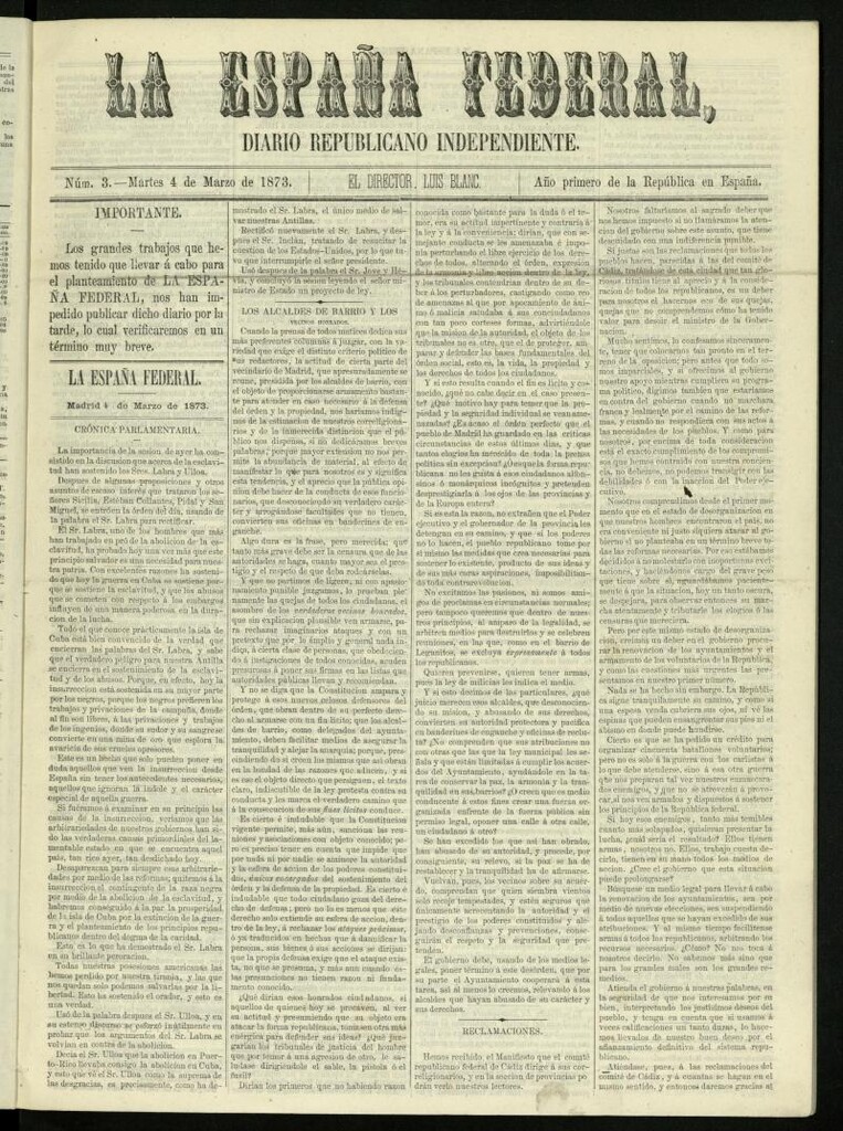 Miniatura de La España Federal : diario republicano independiente del 4 de marzo de 1873, nº 3