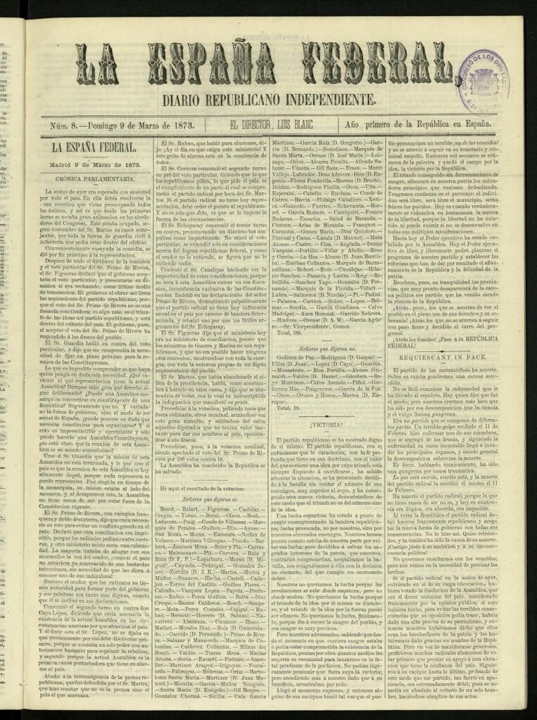 Miniatura de La España Federal : diario republicano independiente del 9 de marzo de 1873, nº 8