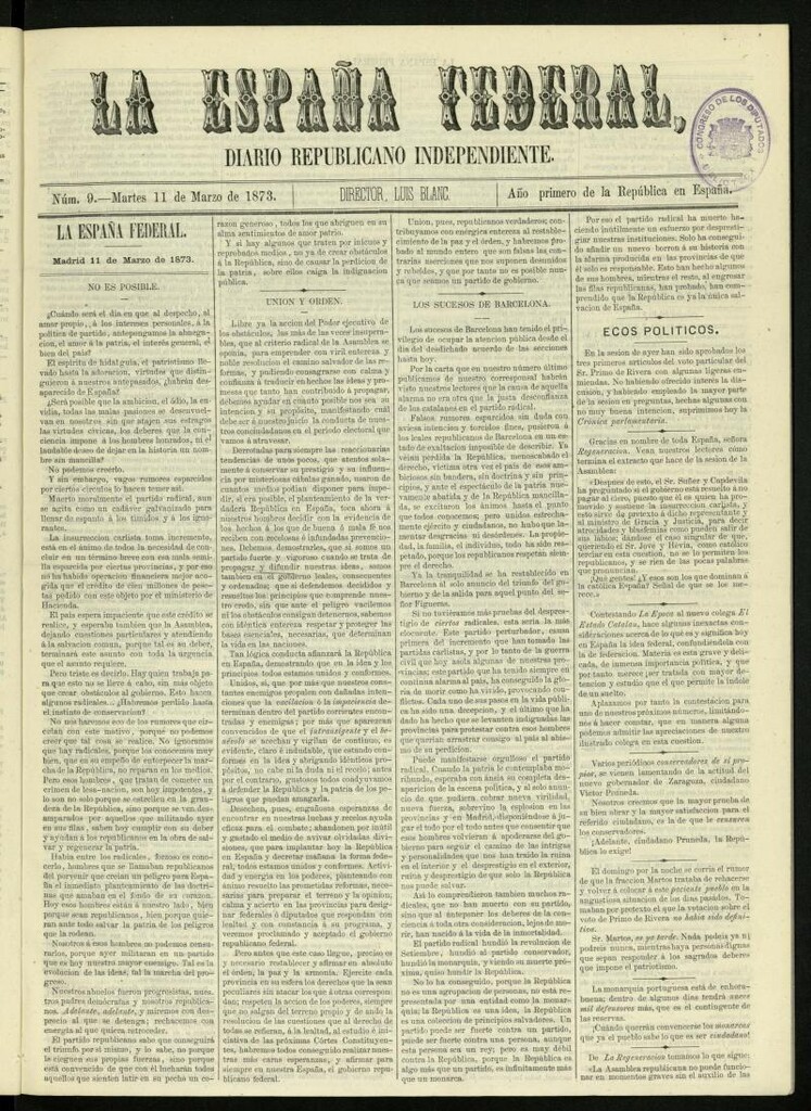 Miniatura de La España Federal : diario republicano independiente del 11 de marzo de 1873, nº 9