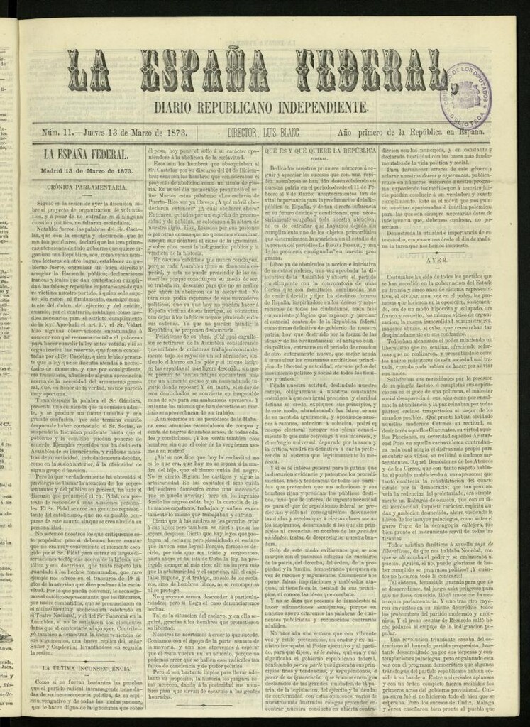 Miniatura de La España Federal : diario republicano independiente del 13 de marzo de 1873, nº 11