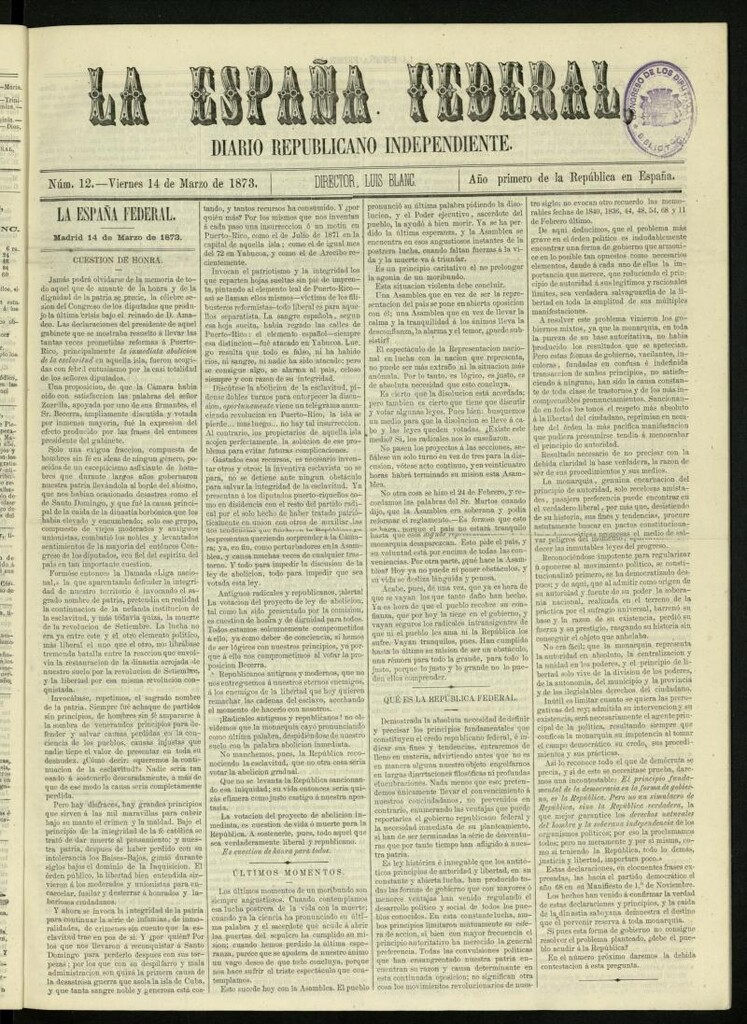 Miniatura de La España Federal : diario republicano independiente del 14 de marzo de 1873, nº 12