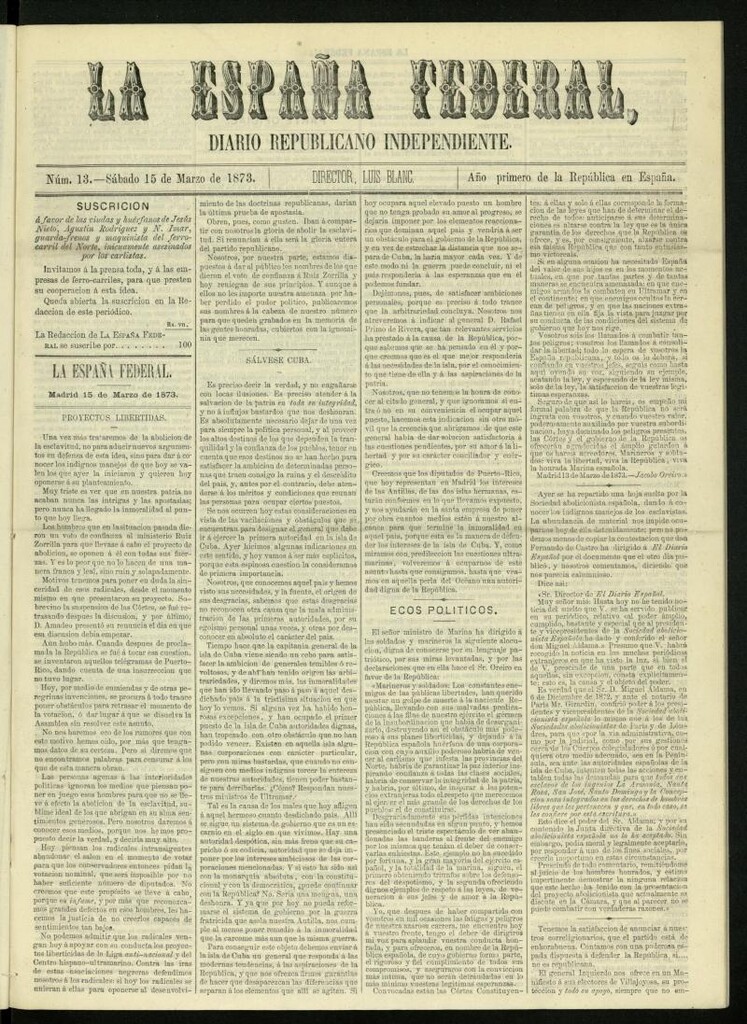 Miniatura de La España Federal : diario republicano independiente del 15 de marzo de 1873, nº 13