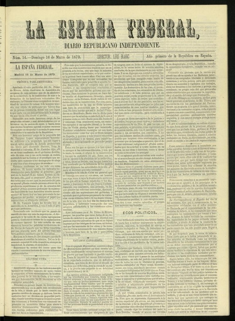 Miniatura de La España Federal : diario republicano independiente del 16 de marzo de 1873, nº 14