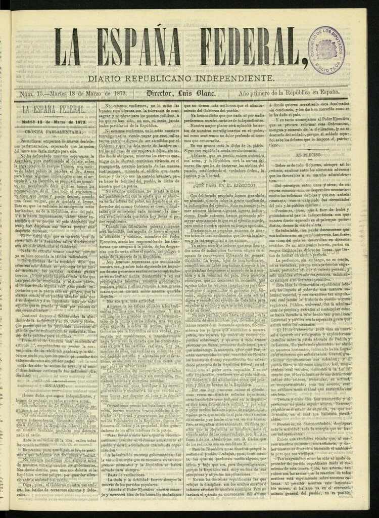 Miniatura de La España Federal : diario republicano independiente del 18 de marzo de 1873, nº 15
