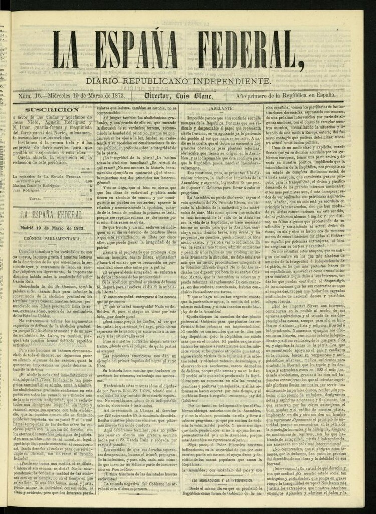 Miniatura de La España Federal : diario republicano independiente del 19 de marzo de 1873, nº 16