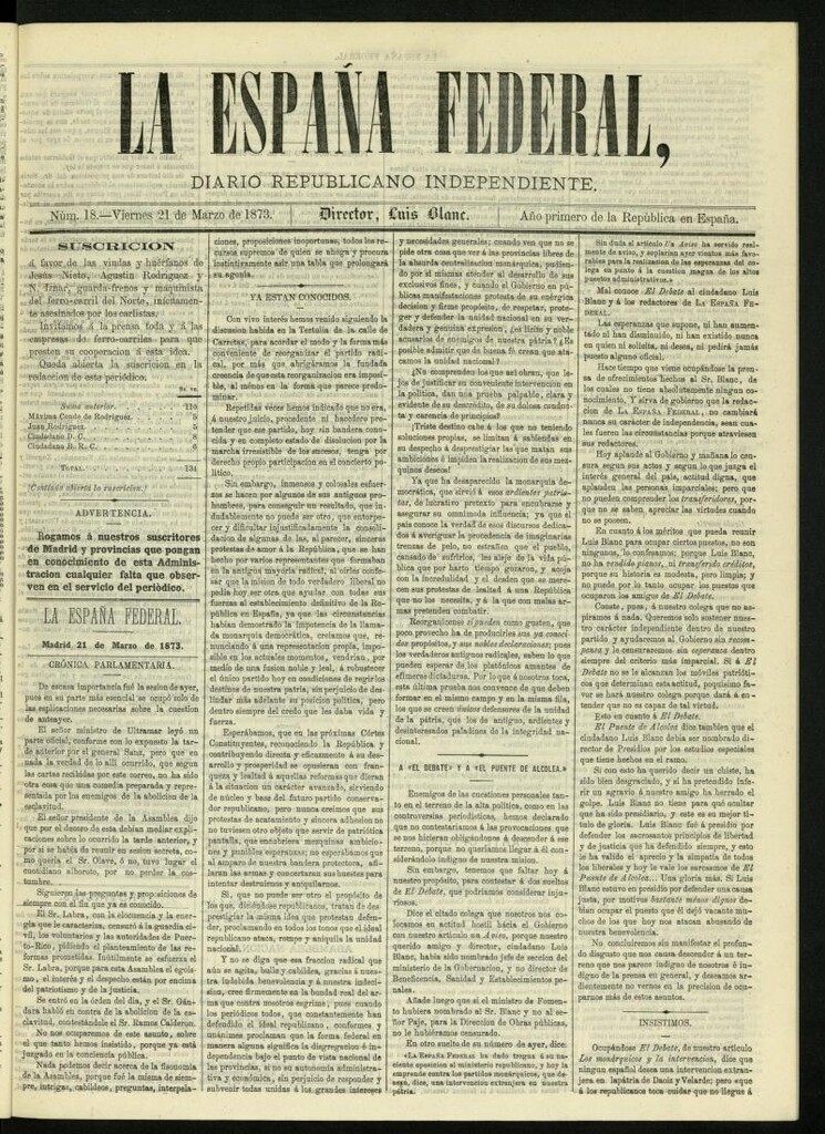 Miniatura de La España Federal : diario republicano independiente del 21 de marzo de 1873, nº 18