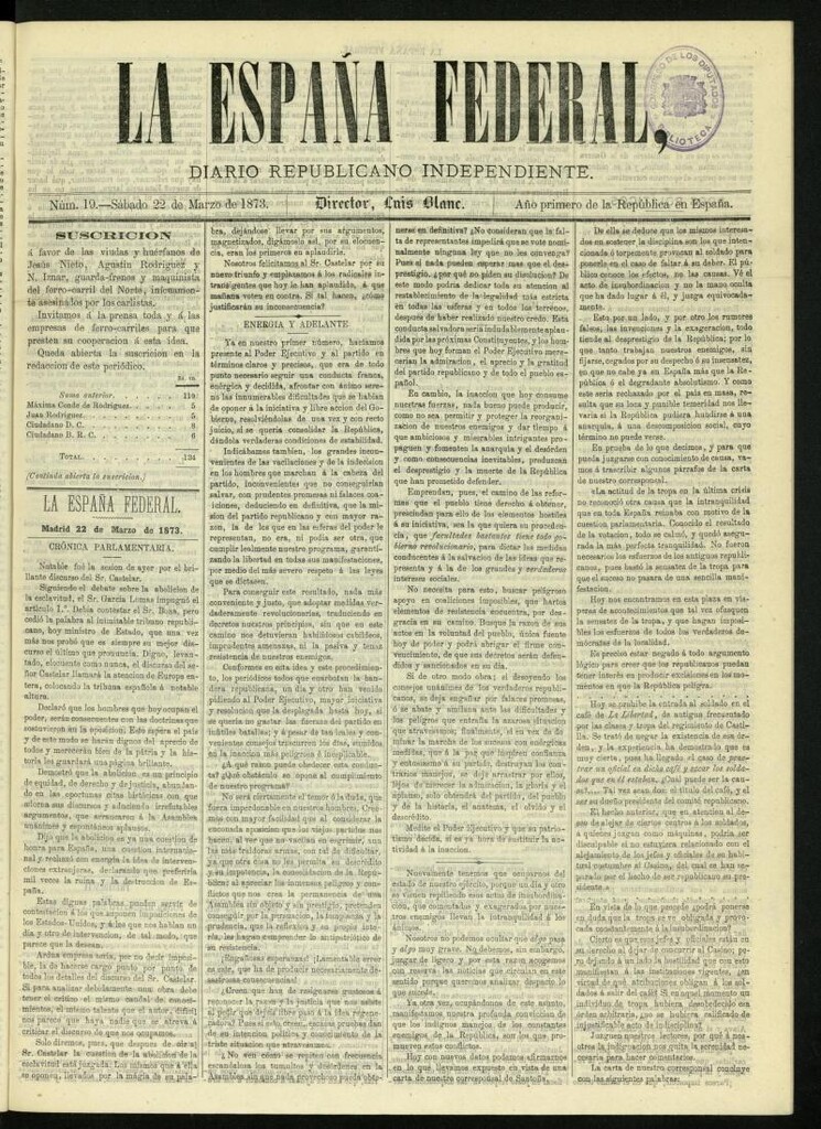 Miniatura de La España Federal : diario republicano independiente del 22 de marzo de 1873, nº 19