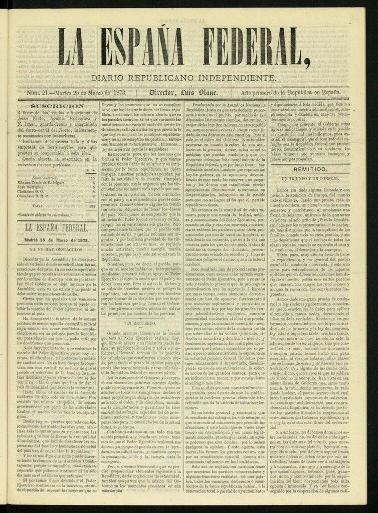 Miniatura de La España Federal : diario republicano independiente del 25 de marzo de 1873, nº 21