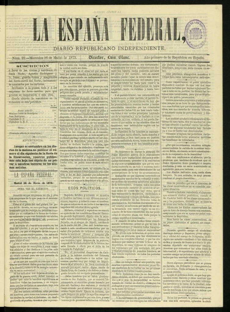 Miniatura de La España Federal : diario republicano independiente del 26 de marzo de 1873, nº 22