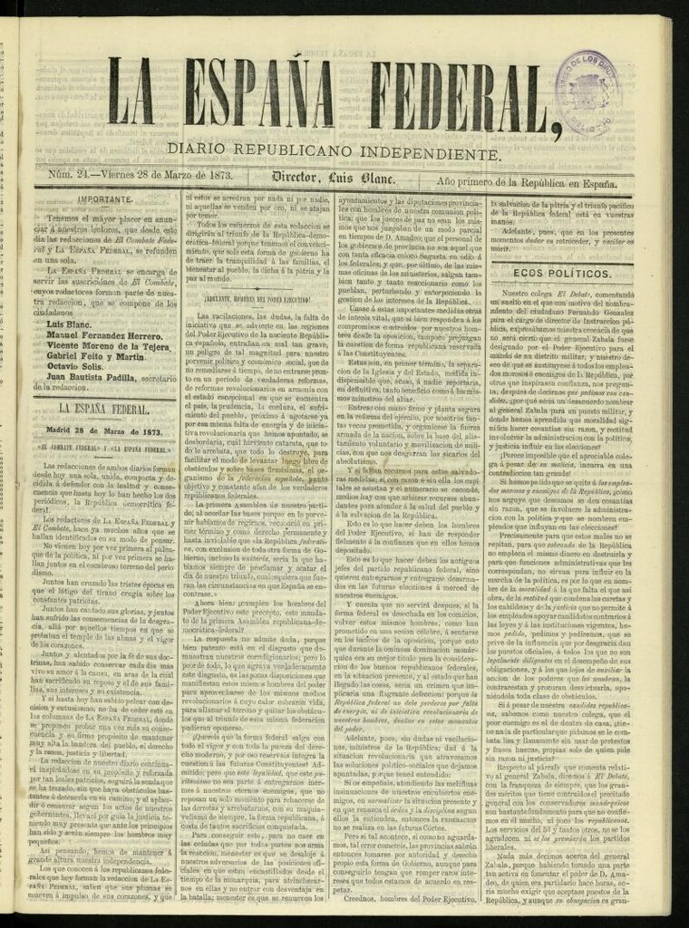Miniatura de La España Federal : diario republicano independiente del 28 de marzo de 1873, nº 24