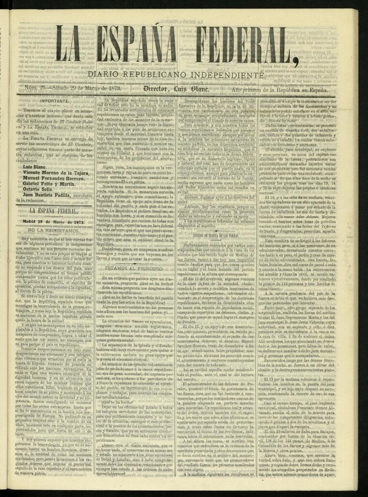 Miniatura de La España Federal : diario republicano independiente del 29 de marzo de 1873, nº 25
