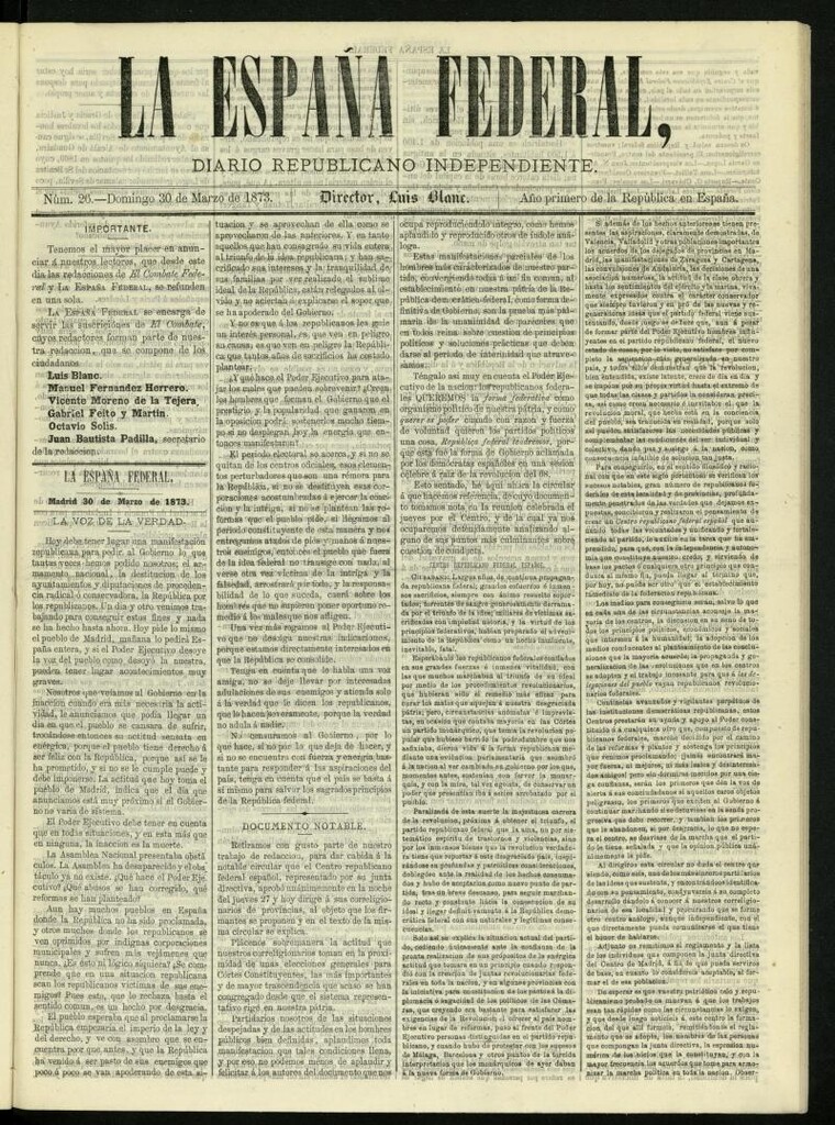 Miniatura de La España Federal : diario republicano independiente del 30 de marzo de 1873, nº 26