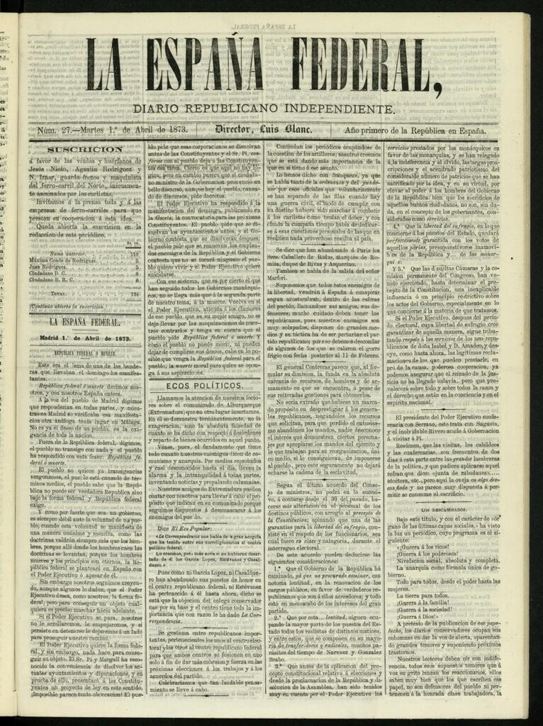 Miniatura de La España Federal : diario republicano independiente del 1 de abril de 1873, nº 27