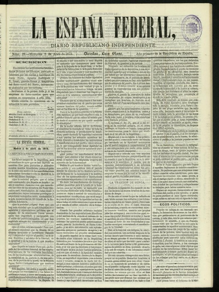 Miniatura de La España Federal : diario republicano independiente del 2 de abril de 1873, nº 28