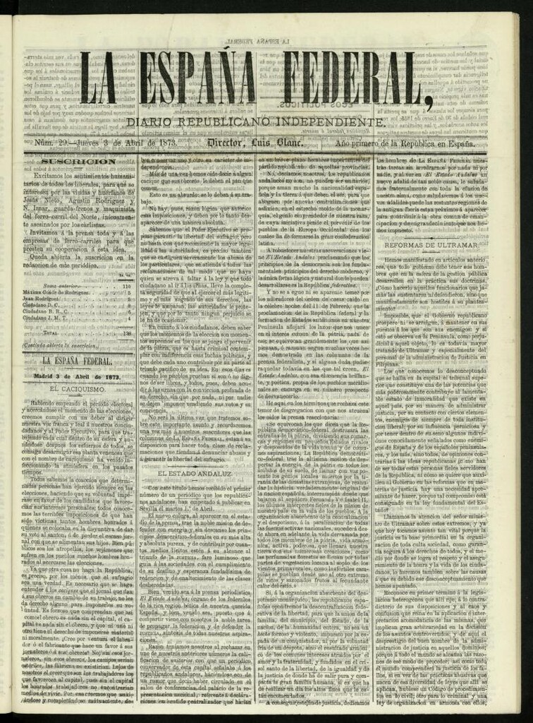 Miniatura de La España Federal : diario republicano independiente del 3 de abril de 1873, nº 29