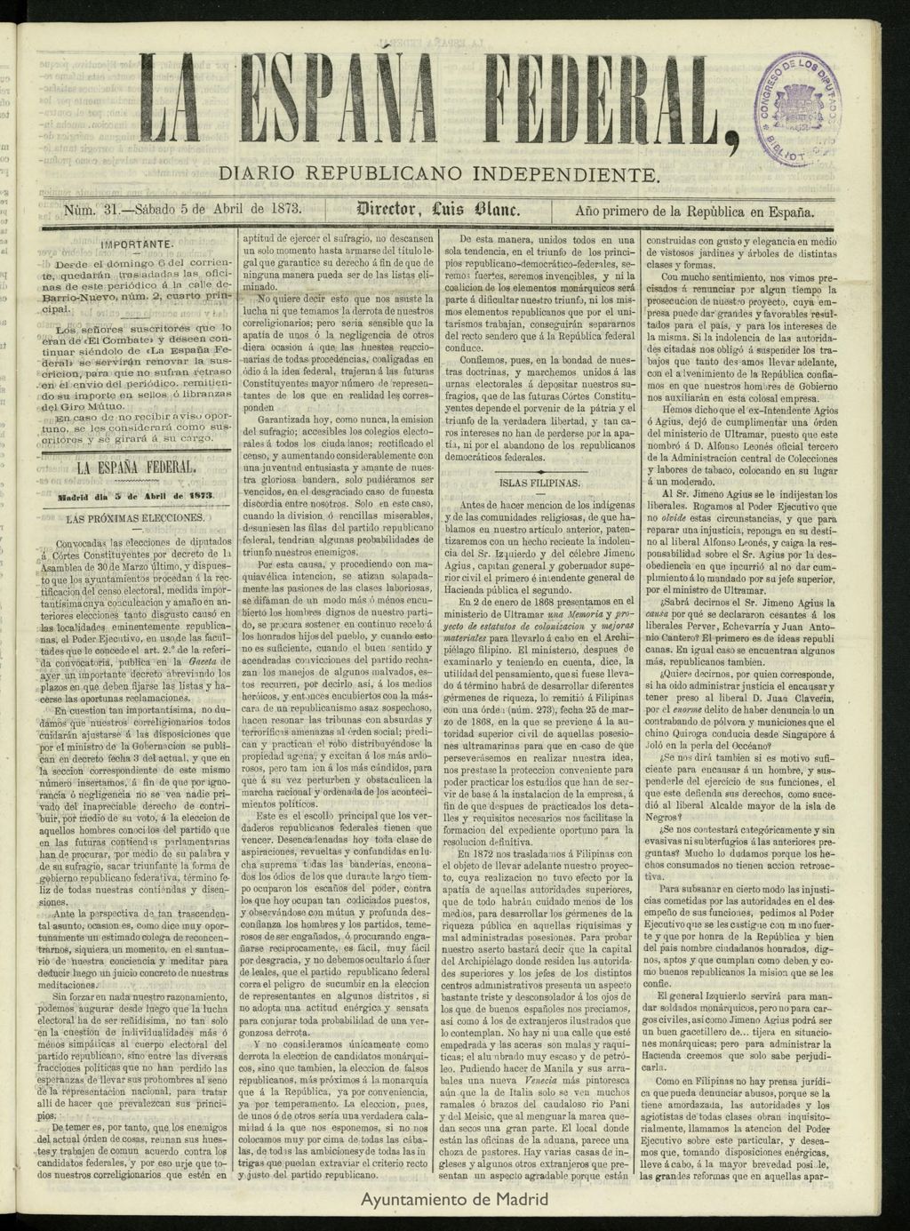 Miniatura de La España Federal : diario republicano independiente del 5 de abril de 1873, nº 31