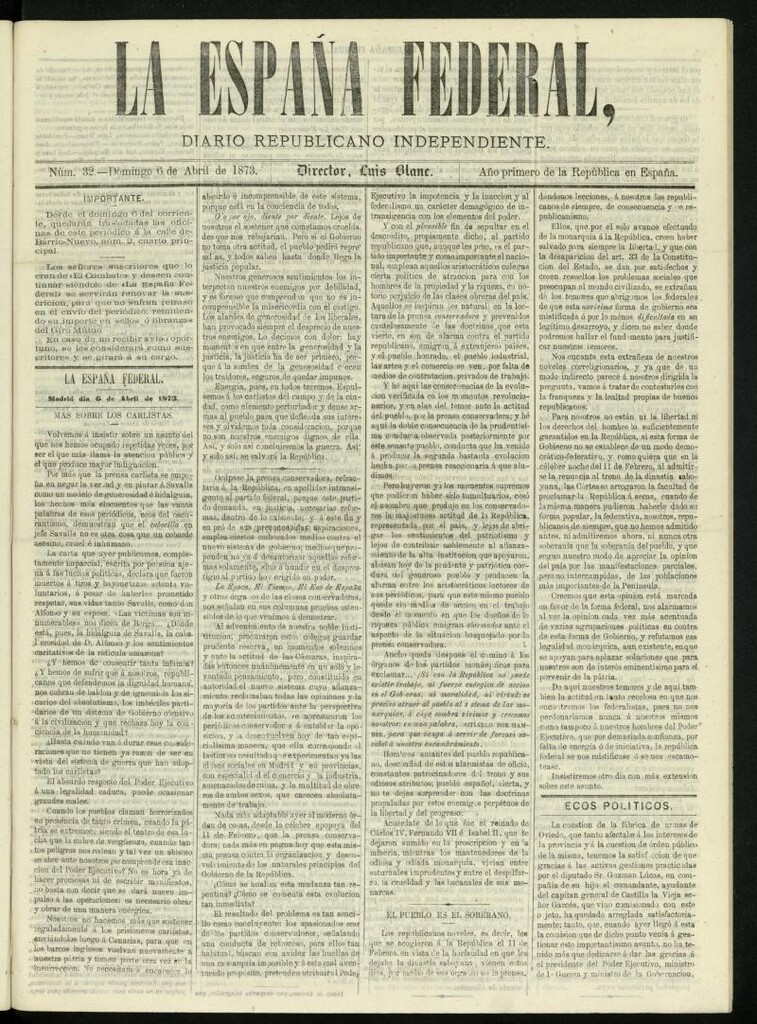 Miniatura de La España Federal : diario republicano independiente del 6 de abril de 1873, nº 32