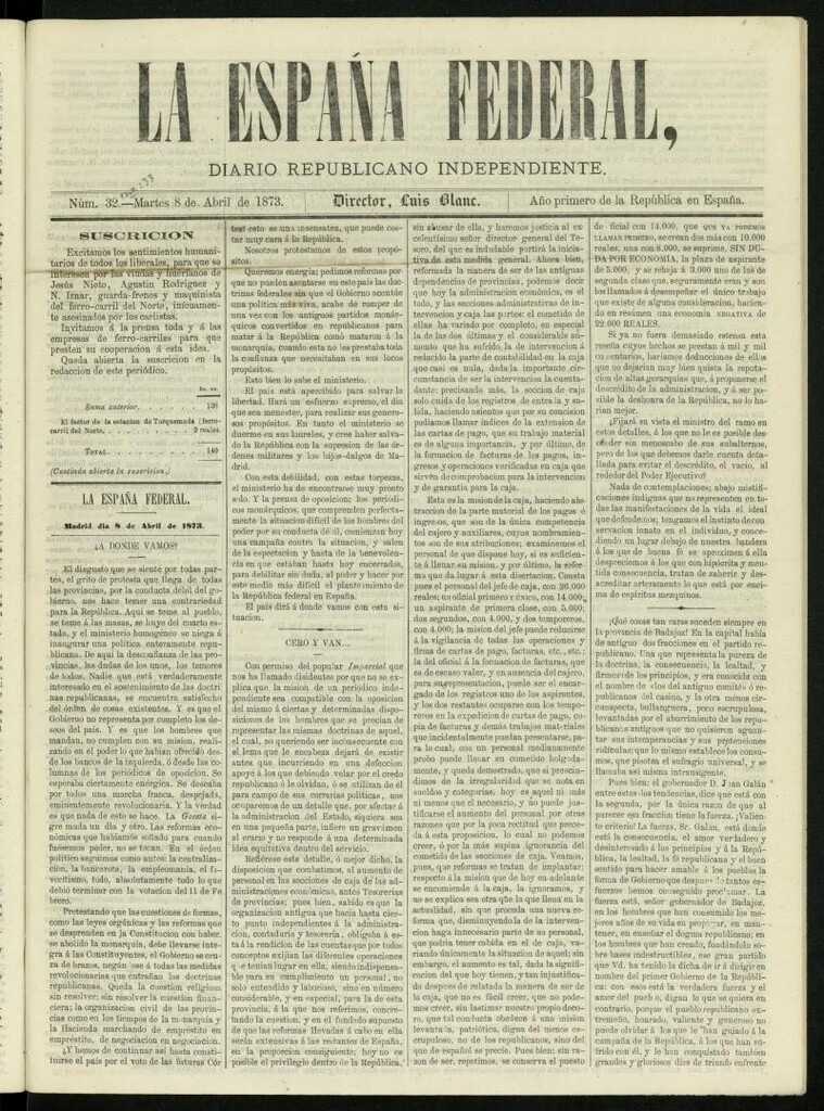Miniatura de La España Federal : diario republicano independiente del 8 de abril de 1873, nº 33