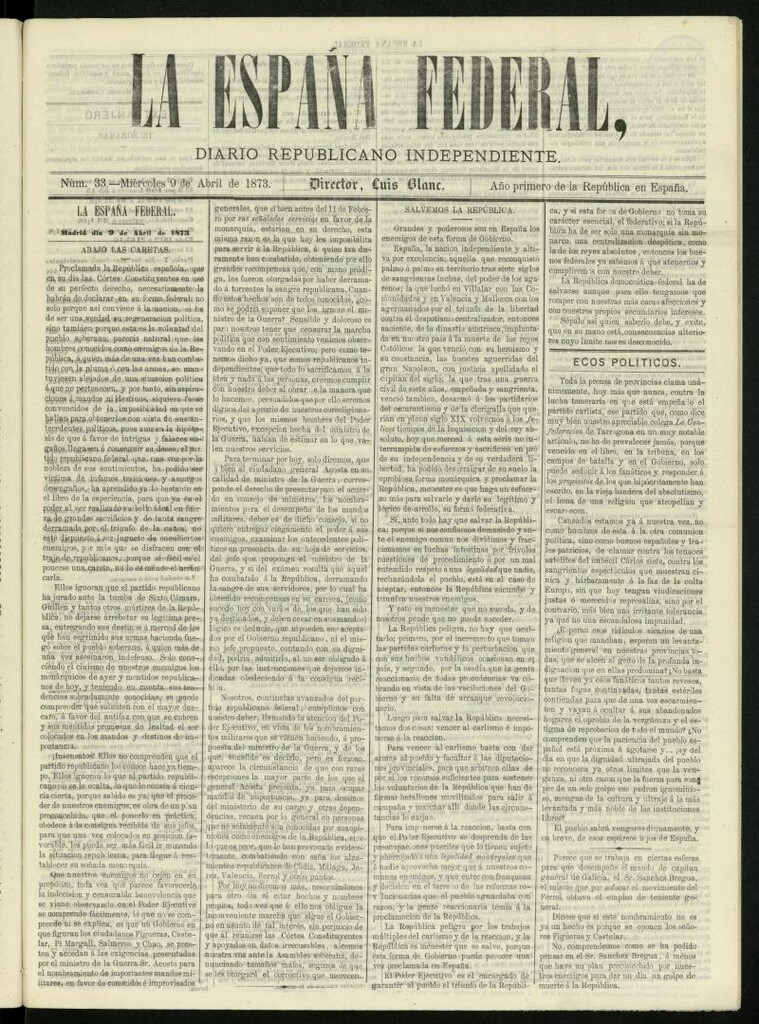 Miniatura de La España Federal : diario republicano independiente del 9 de abril de 1873, nº 33 [sic]