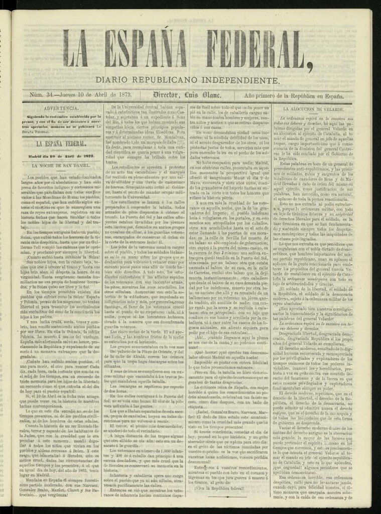 Miniatura de La España Federal : diario republicano independiente del 10 de abril de 1873, nº 34
