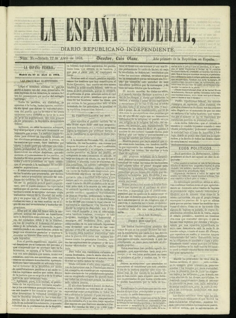 Miniatura de La España Federal : diario republicano independiente del 12 de abril de 1873, nº 35