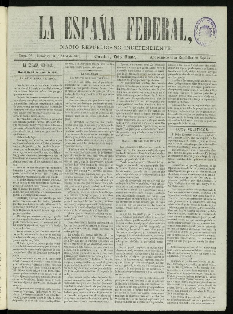 Miniatura de La España Federal : diario republicano independiente del 13 de abril de 1873, nº 36