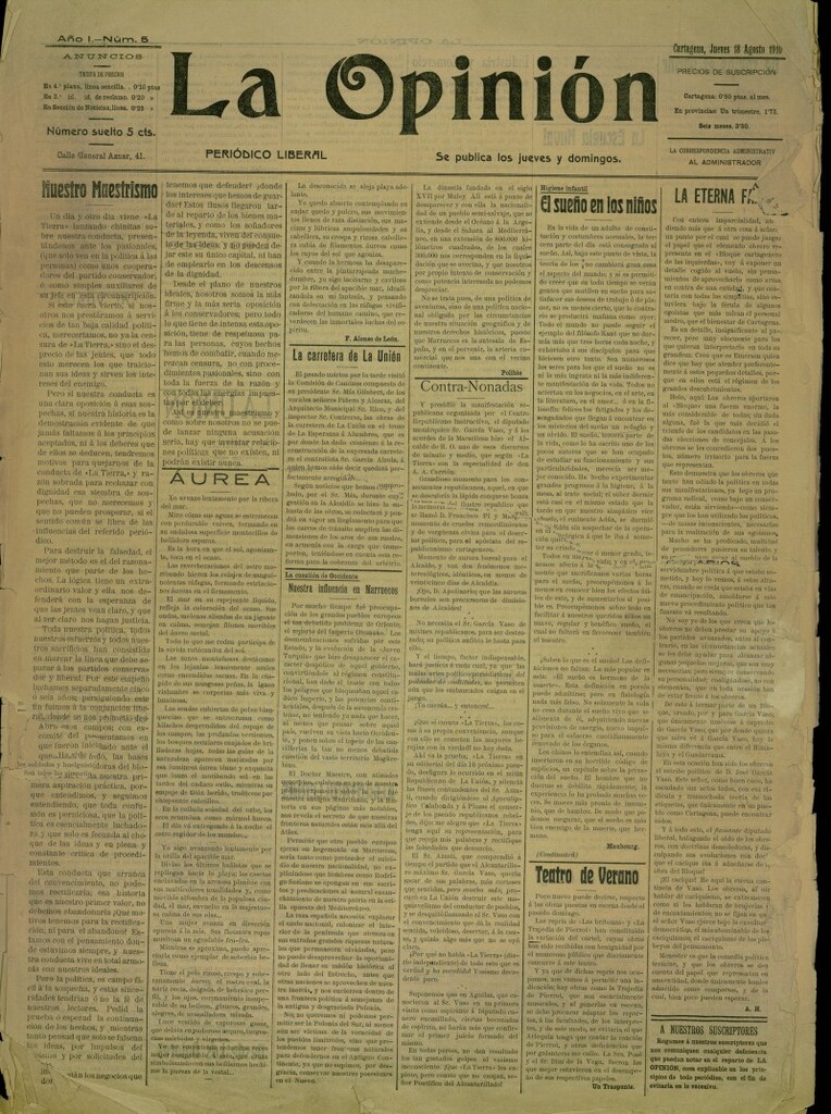 Miniatura de La Opinión: periódico liberal del 18 de agosto de 1910, nº 5