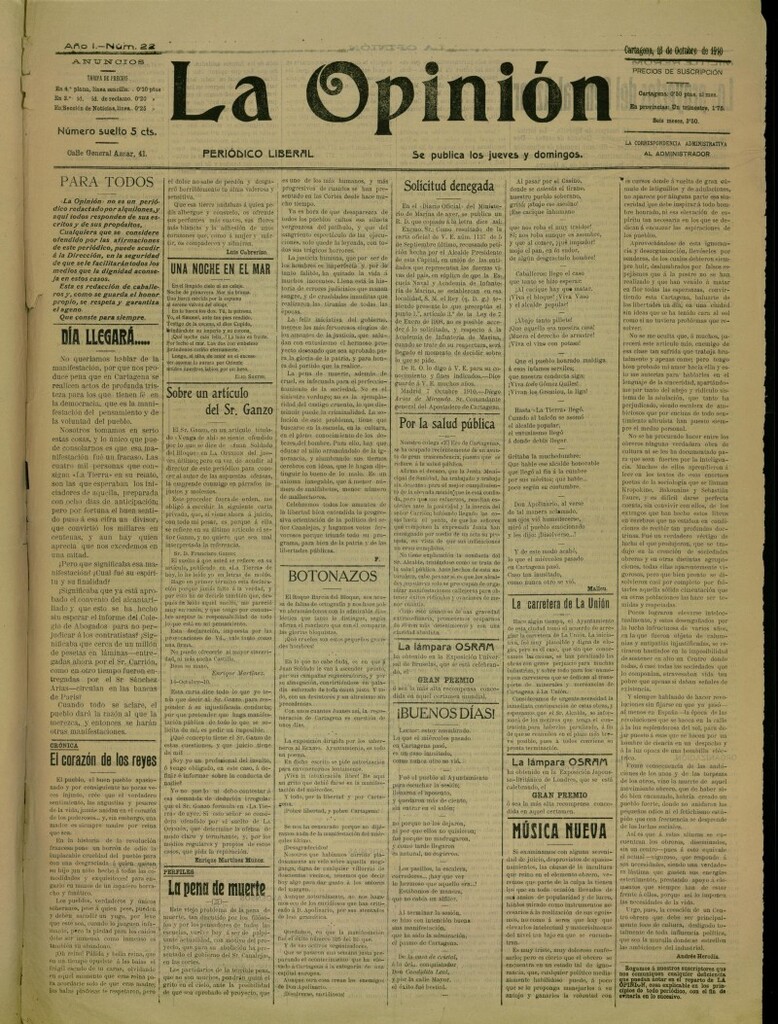 Miniatura de La Opinión: periódico liberal del 16 de octubre de 1910, nº 22