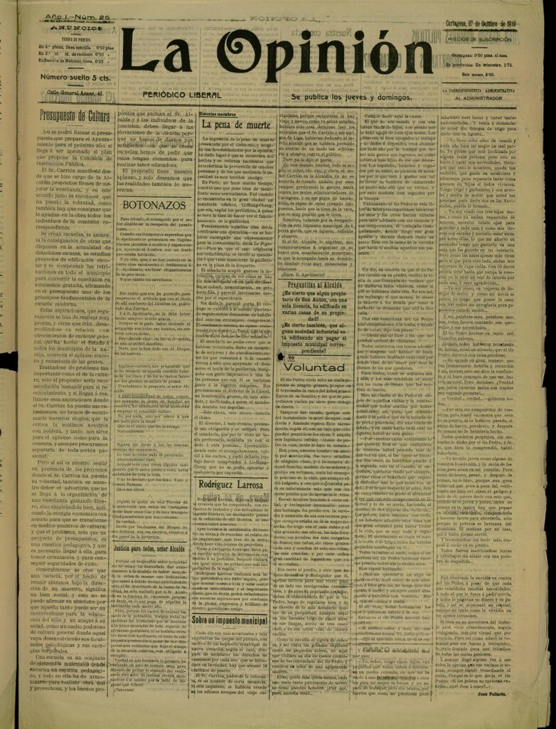 Miniatura de La Opinión: periódico liberal del 27 de octubre de 1910, nº 25