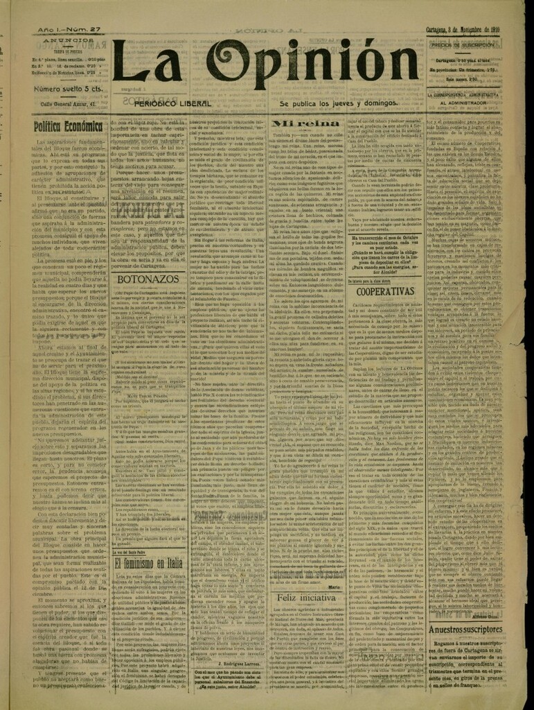Miniatura de La Opinión: periódico liberal del 3 de noviembre de 1910, nº 27