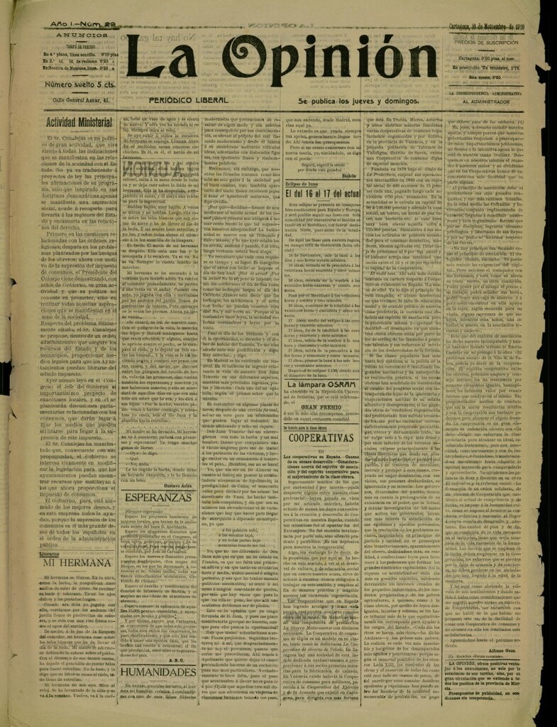 Miniatura de La Opinión: periódico liberal del 10 de noviembre de 1910, nº 29