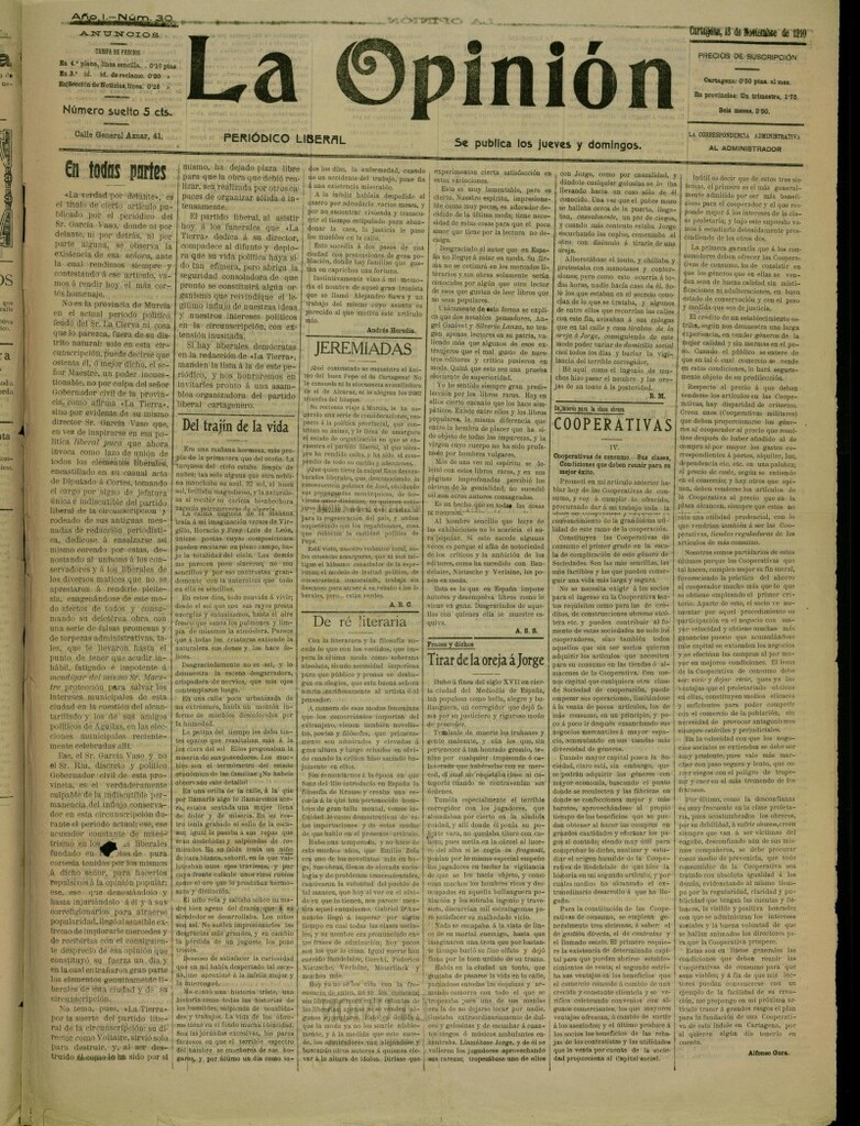 Miniatura de La Opinión: periódico liberal del 13 de noviembre de 1910, nº 30