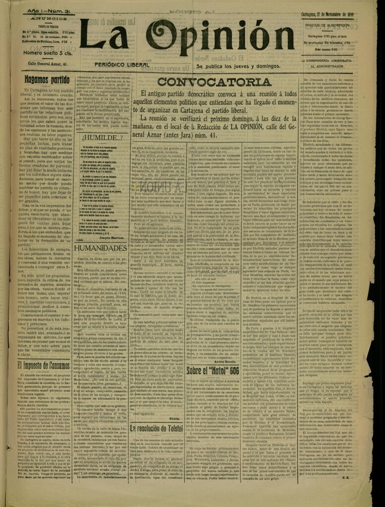 Miniatura de La Opinión: periódico liberal del 17 de noviembre de 1910, nº 31