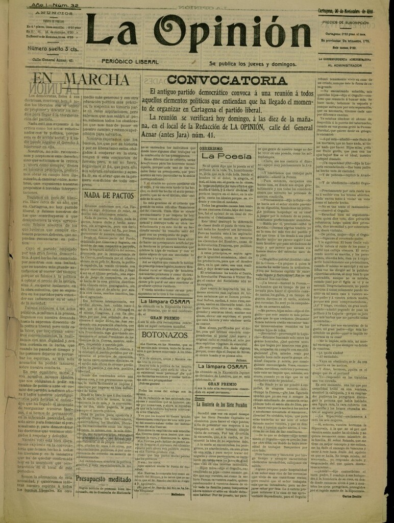 Miniatura de La Opinión: periódico liberal del 20 de noviembre de 1910, nº 32