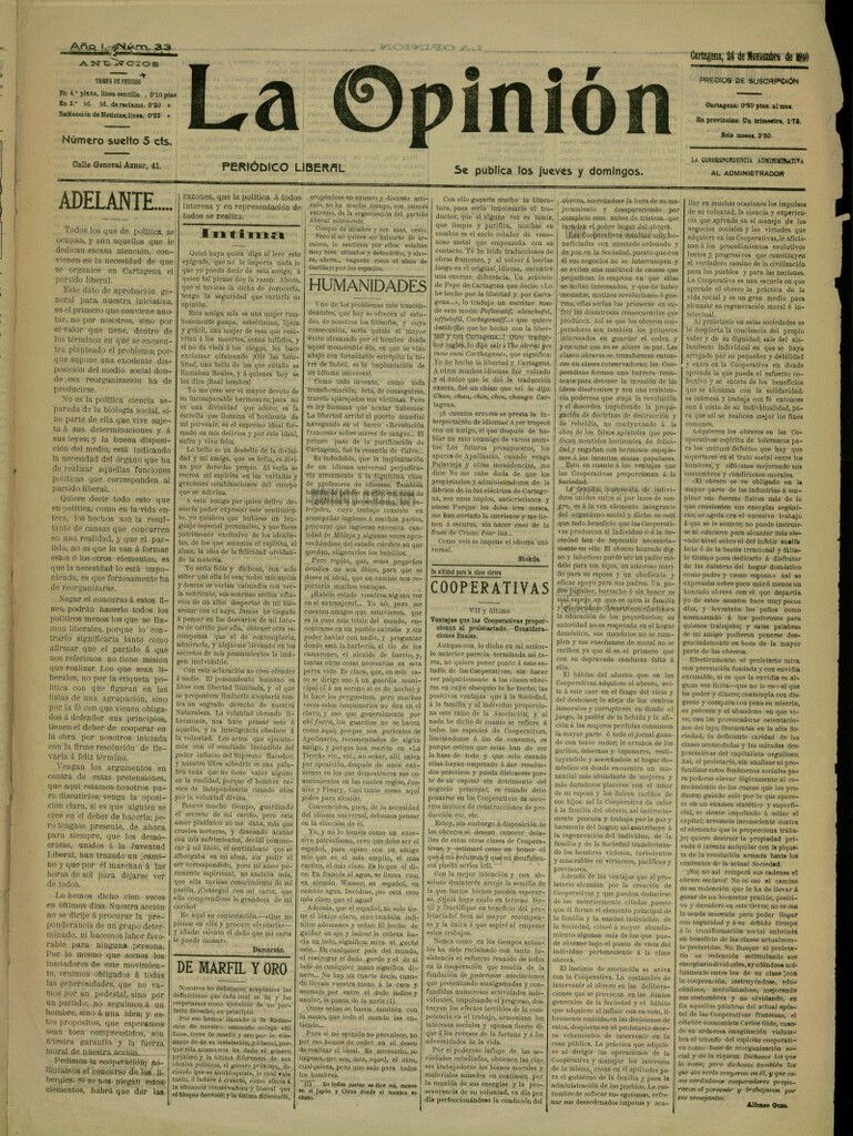 Miniatura de La Opinión: periódico liberal del 24 de noviembre de 1910, nº 33
