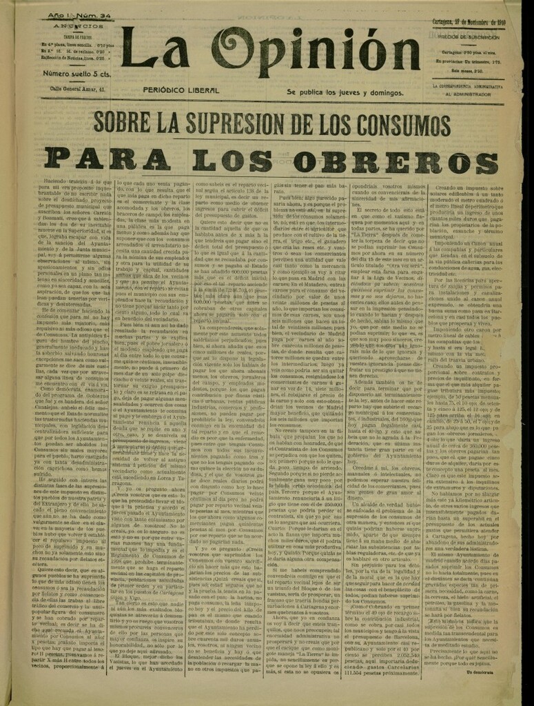 Miniatura de La Opinión: periódico liberal del 27 de noviembre de 1910, nº 34