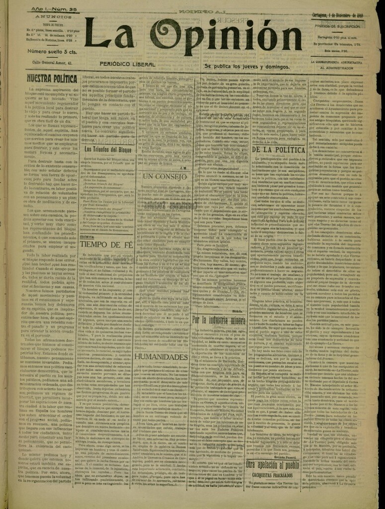 Miniatura de La Opinión: periódico liberal del 1 de diciembre de 1910, nº 35