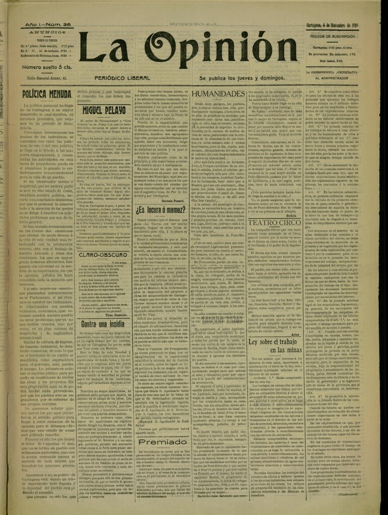 Miniatura de La Opinión: periódico liberal del 4 de diciembre de 1910, nº 36