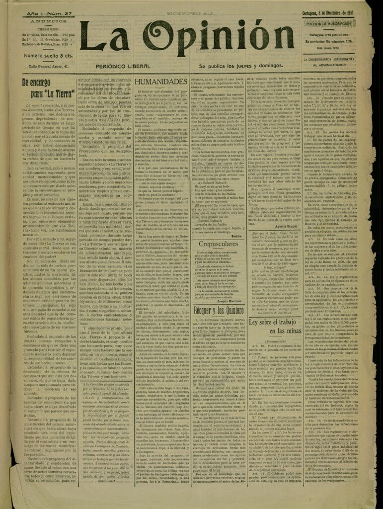 Miniatura de La Opinión: periódico liberal del 8 de diciembre de 1910, nº 37