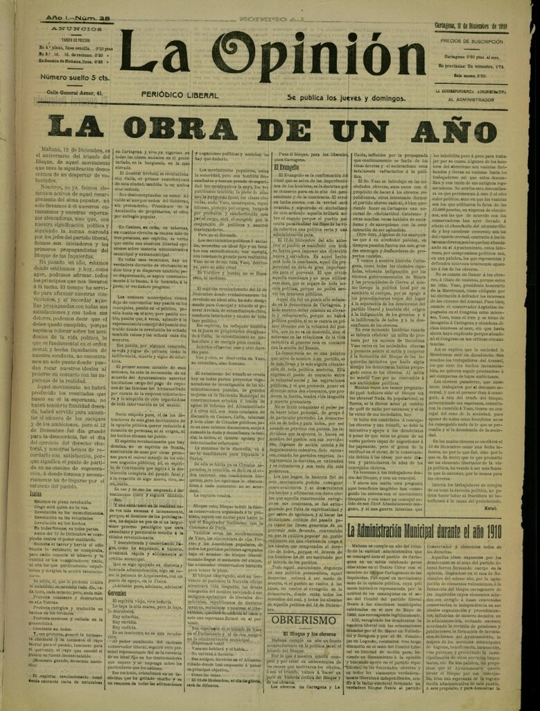 Miniatura de La Opinión: periódico liberal del 11 de diciembre de 1910, nº 38