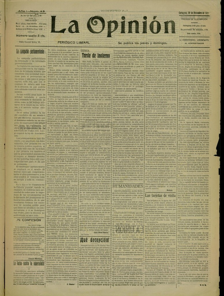 Miniatura de La Opinión: periódico liberal del 29 de diciembre de 1910, nº 43