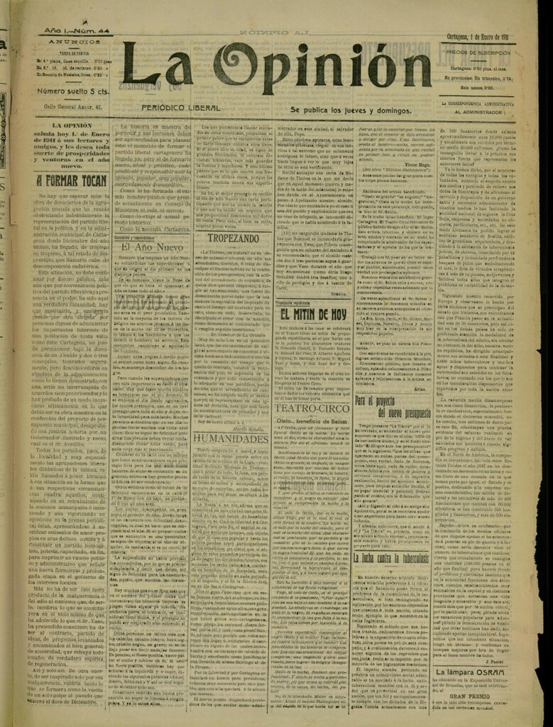 Miniatura de La Opinión: periódico liberal del 1 de enero de 1911, nº 44