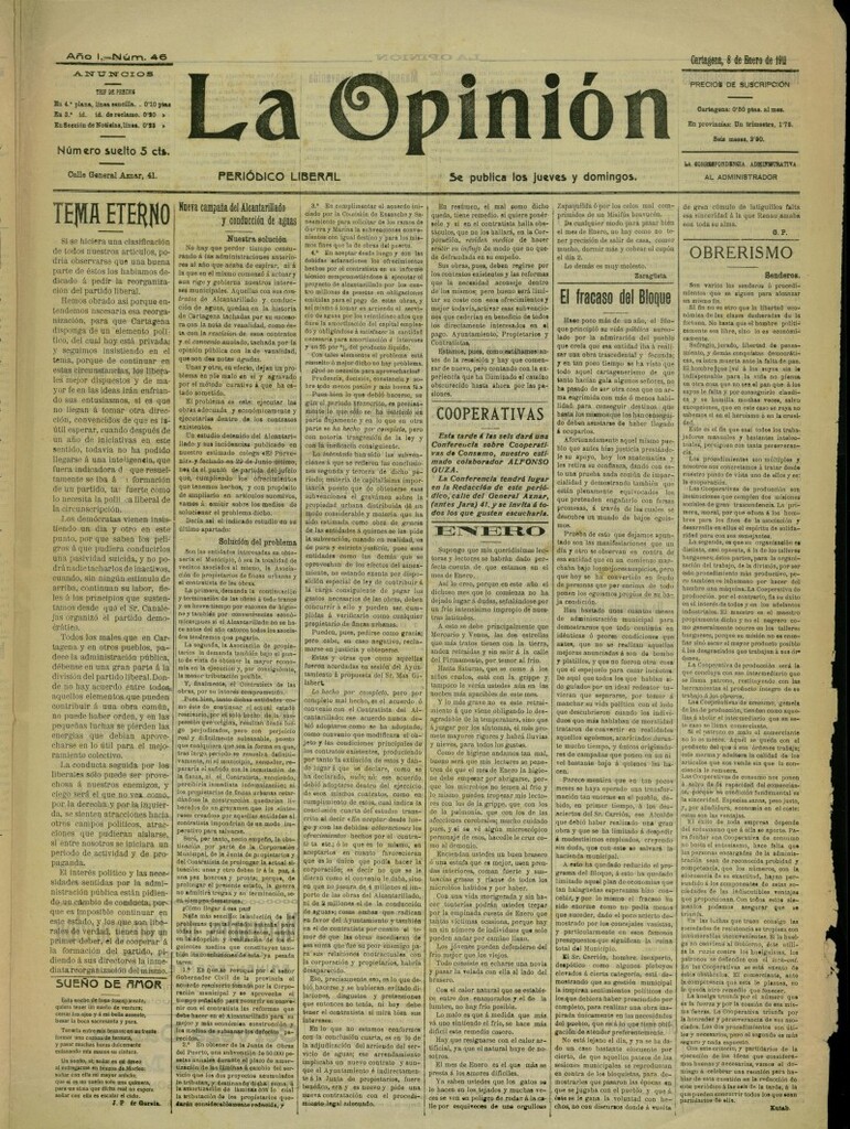 Miniatura de La Opinión: periódico liberal del 8 de enero de 1911, nº 46