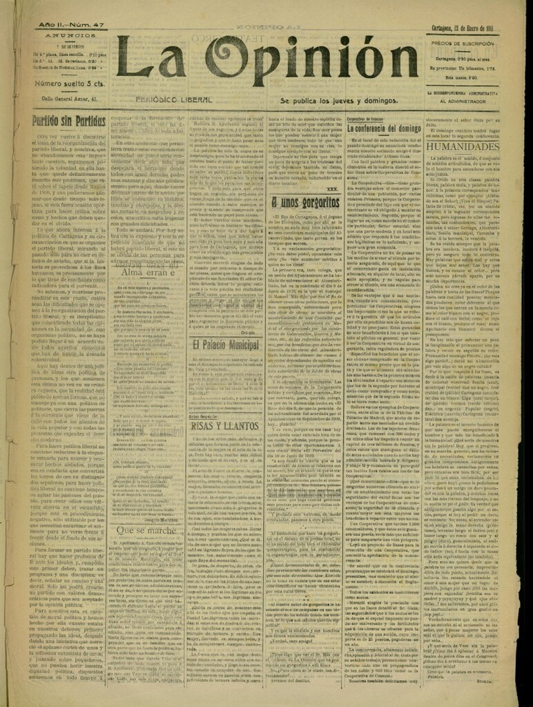 Miniatura de La Opinión: periódico liberal del 12 de enero de 1911, nº 47
