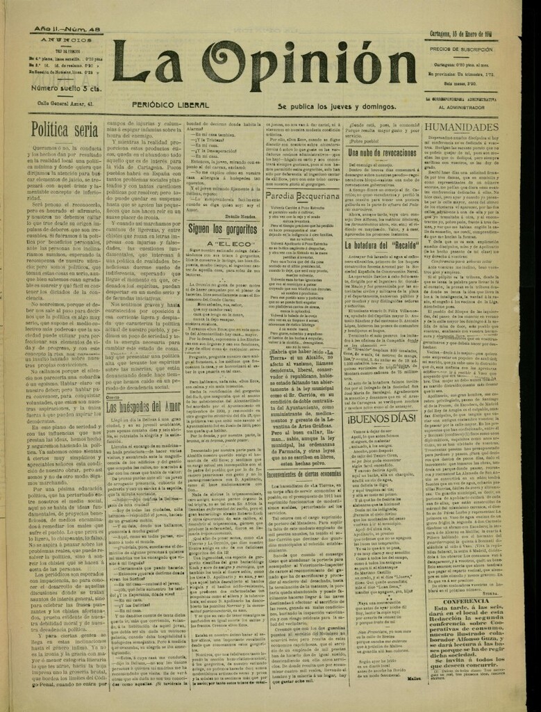 Miniatura de La Opinión: periódico liberal del 15 de enero de 1911, nº 48