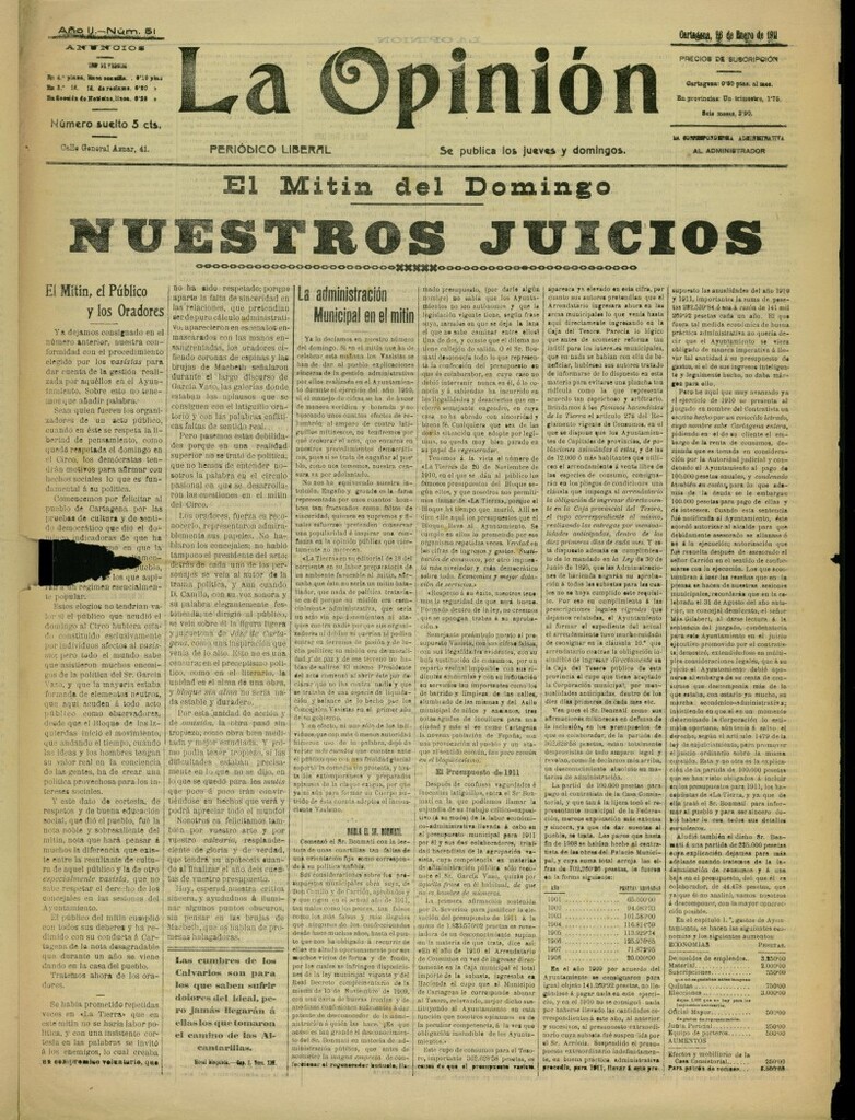 Miniatura de La Opinión: periódico liberal del 26 de enero de 1911, nº 51