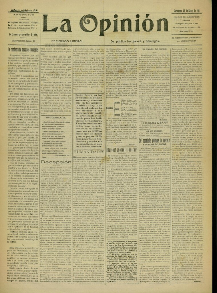 Miniatura de La Opinión: periódico liberal del 29 de enero de 1911, nº 52