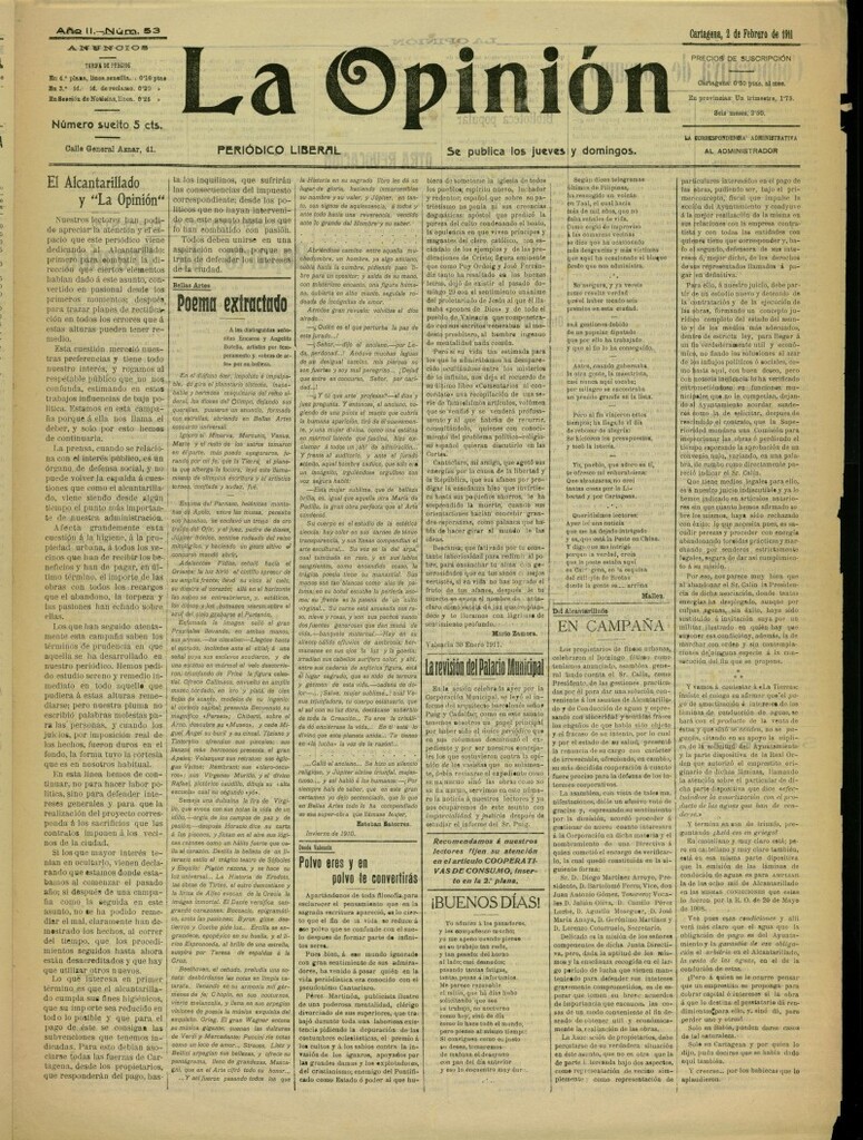 Miniatura de La Opinión: periódico liberal del 2 de febrero de 1911, nº 53