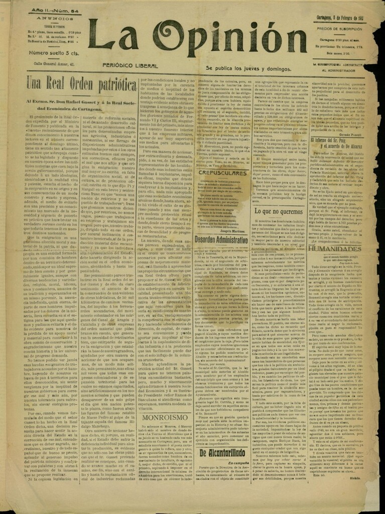 Miniatura de La Opinión: periódico liberal del 5 de febrero de 1911, nº 54