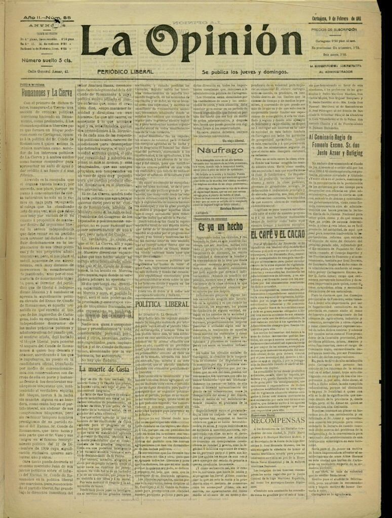 Miniatura de La Opinión: periódico liberal del 9 de febrero de 1911, nº 55